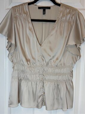 White House Black Market Champagne Satin Button-Front Blouse